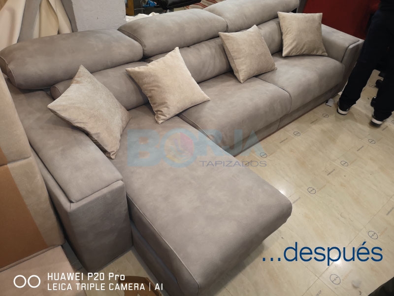Tapizado de sofá con chaiselongue y confección de cojines decorativos en Almassora